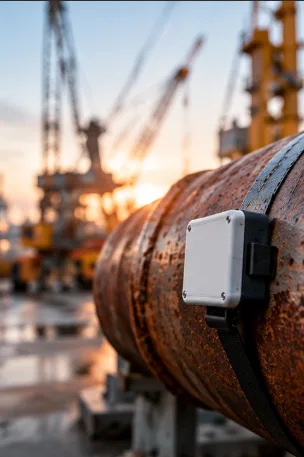 A tracking sensor mounted on industrial pipework at a port at dusk