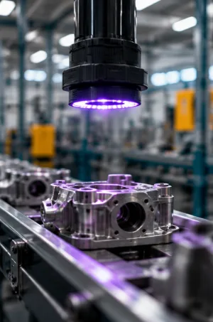 Machined metal components passing under an inspection light on a production line