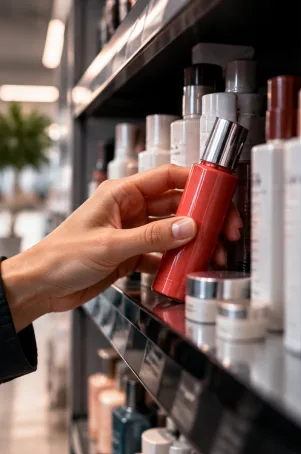 A hand lifting one product from a densely packed retail shelf
