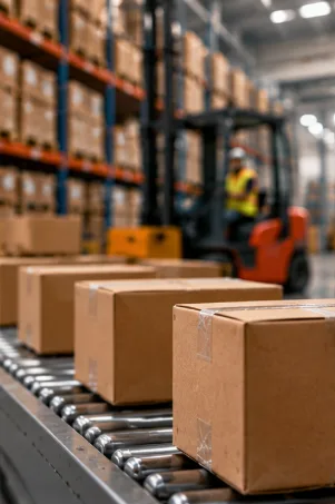 Cartons moving along a warehouse conveyor with racking and a forklift behind