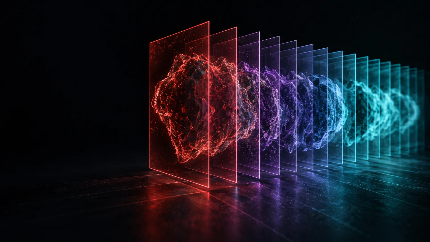 Stacked spectral planes, each a different wavelength band, resolving one object
