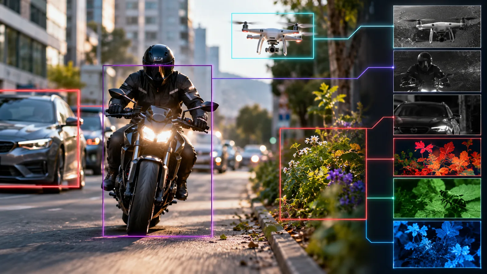 A street scene with a motorcyclist, a drone and roadside plants each boxed as tracked targets, beside a strip showing the same scene captured at different wavelength bands