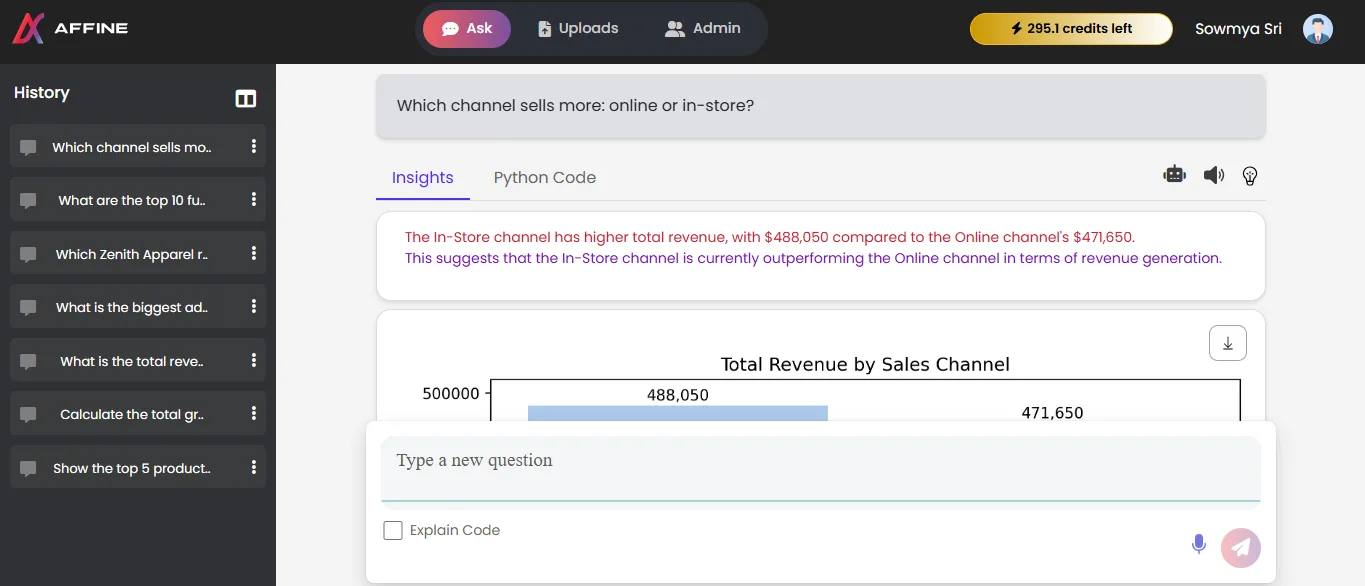 Conversational Analytics - Unified platform screen
